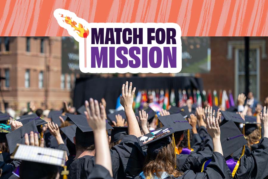 An image of student at Commencement with their hands raised and Match for Mission at the top of the image.