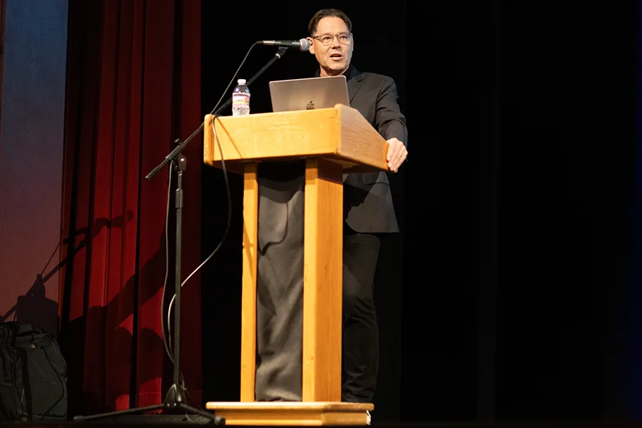 Northern Illinois professor David Gunkel speaks to the audience at the Orhpeum Theatre during the Rights for Robots discussion.