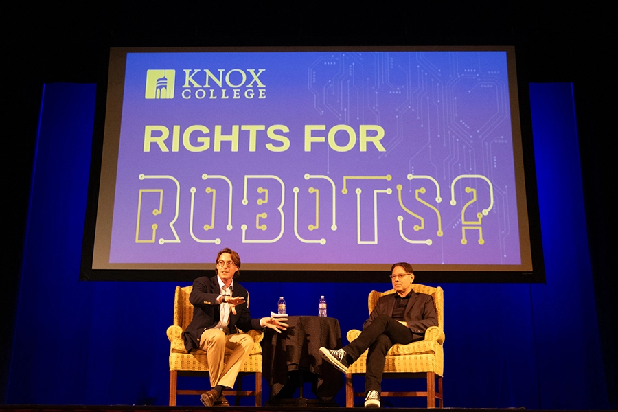 Northern Illinois University professor David J. Gunkel and Knox College political science professor Thomas Bell discuss robot rights during the Rights for Robots presentation.