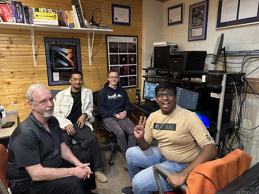 Prashanna Khatiwada ('28) and Suhrid Abrar ('28) who just visited the telescope this term working in the control room of the RLMT at Winer Observatory in Sonoita, AZ (where the telescope is located) with Joe Prendergrast (American University) and Jackson Codd (Macalester '23)