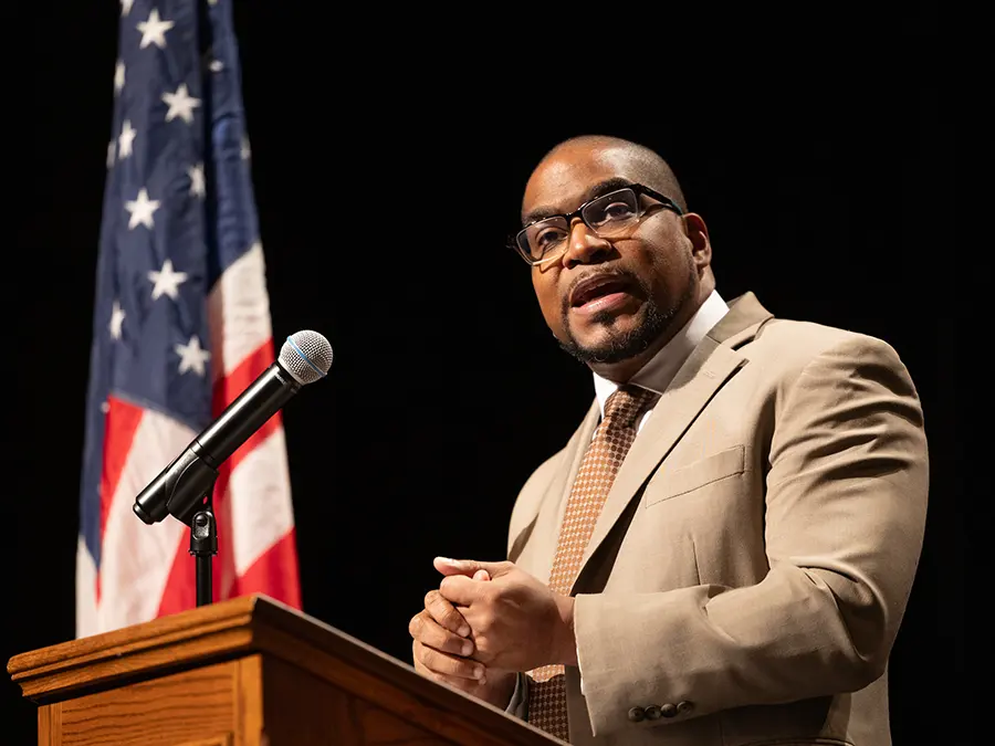 Melvin Rogers delivers his keynote address during the Knox College Martin Luther King Jr. Convocation.