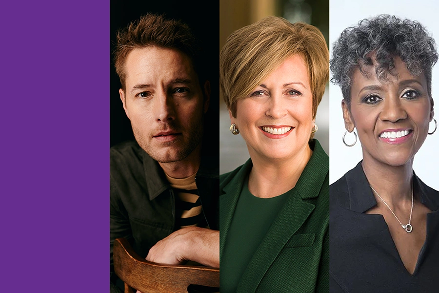 A collage of three people; Justin Hartley, Deborah F. Rutter, and Dorothy Tucker.