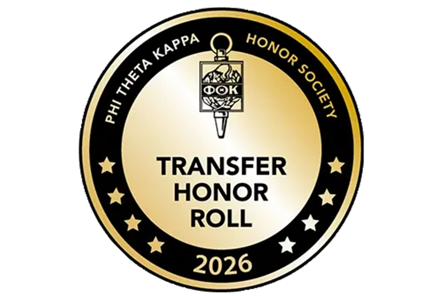 Gold seal reads Transfer Honor Roll in the center. Around the edge, it reads Phi Theta Kappa Honor Society, and the PTK logo is shown. The bottom of the seal reads 2026.