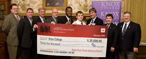 State Farm Insurance Agents Shawn Mason, Rob Williams, Dennis Twitty and Scott Peet; Knox College students Jordan Lanfair, Daniel Gonshorek; Kno xCollege President Roger Taylor; State Representative Donald Moffitt