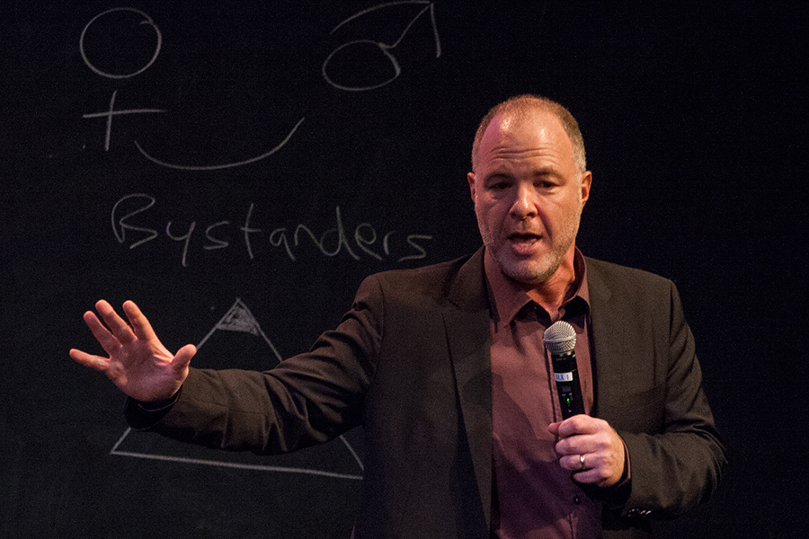 Dr. Jackson Katz, an author and renowned pioneer in the field of educating people to prevent gender violence, speaks at Knox College.