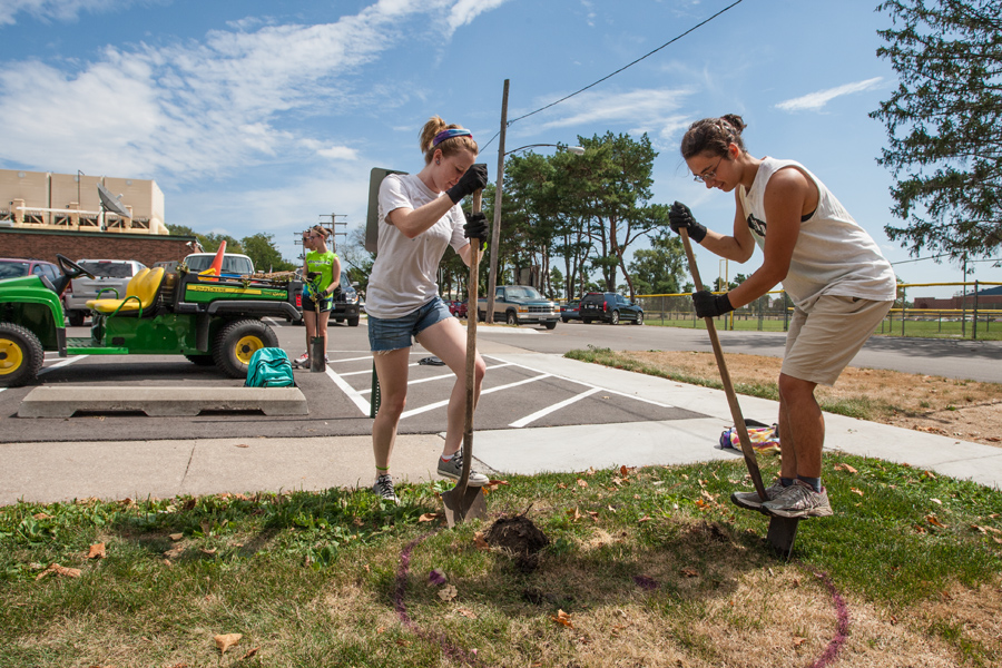 Students doing volunteer work, planting trees on campus.