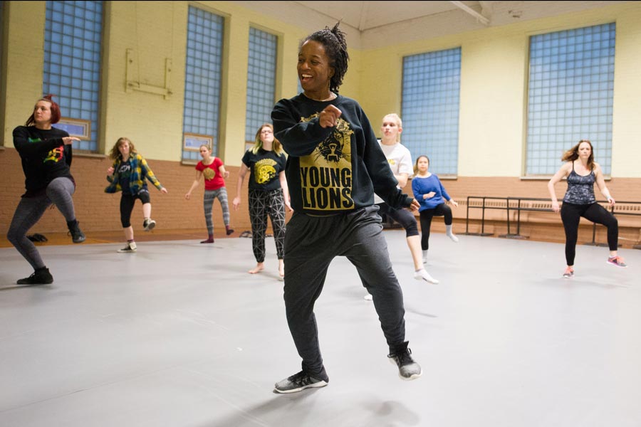 Ashley Tate, director of Ashleyliane Dance Company teaches a hip-hop master class to students during her week-long residency at Knox.