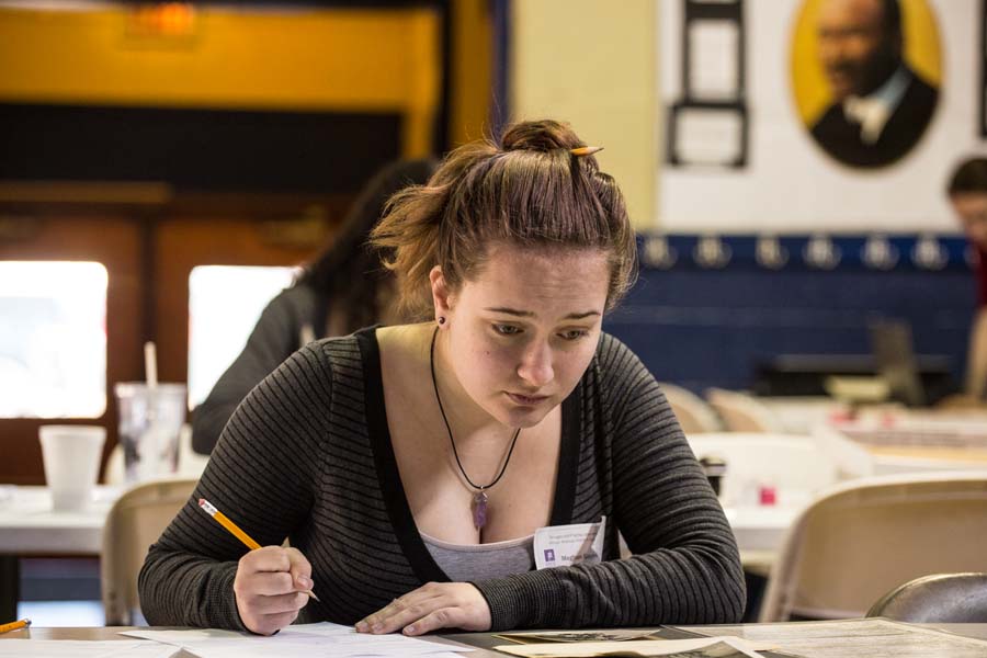 Knox College student Meghan Gaynor, working at a community history research project.