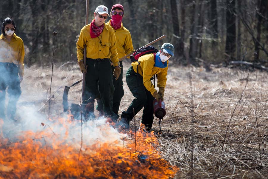 Knox College students and faculty at the 2016 Green Oaks Prairie Burn.