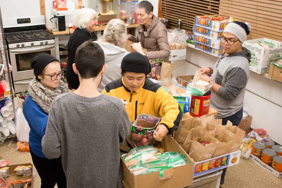 Knox students volunteer in a kitchen at Standing Rock Reservation