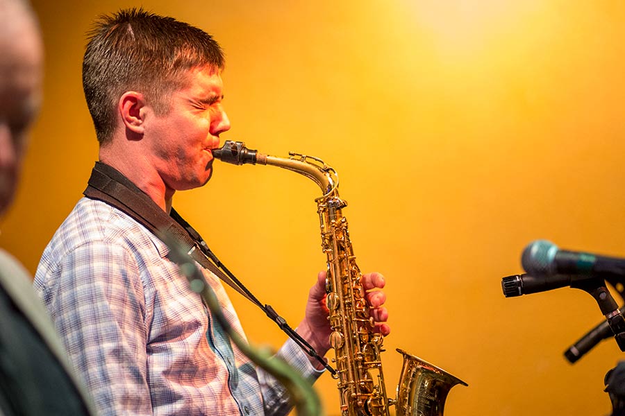 Kevin Malley '98 plays the Saxophone during the Knox Rootabaga Festival 2017.