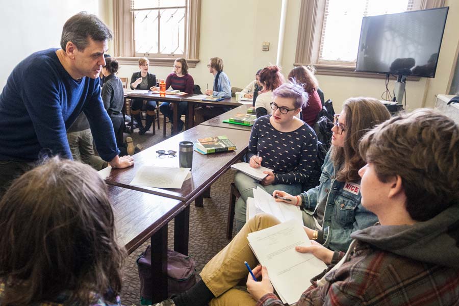 Knox College English professor Rob Smith with students in a literature class.