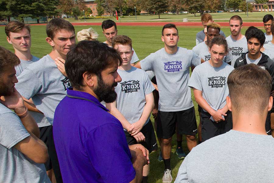 Prairie Fire Men's Soccer Head Coach Tyler Sheikh talks with the team during the pre-season.