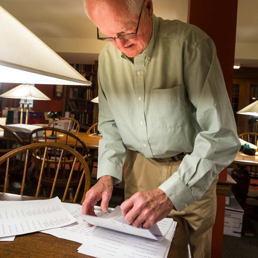 Jamie Bjorkman researches veterans in the Knox College Archives
