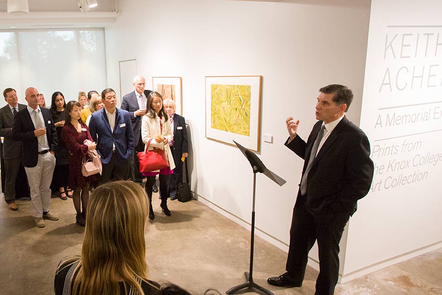 Greg Gilbert, professor of art history, speaks at the opening of the Borzello Gallery in the Ford Center for Fine Arts on the Knox College campus.