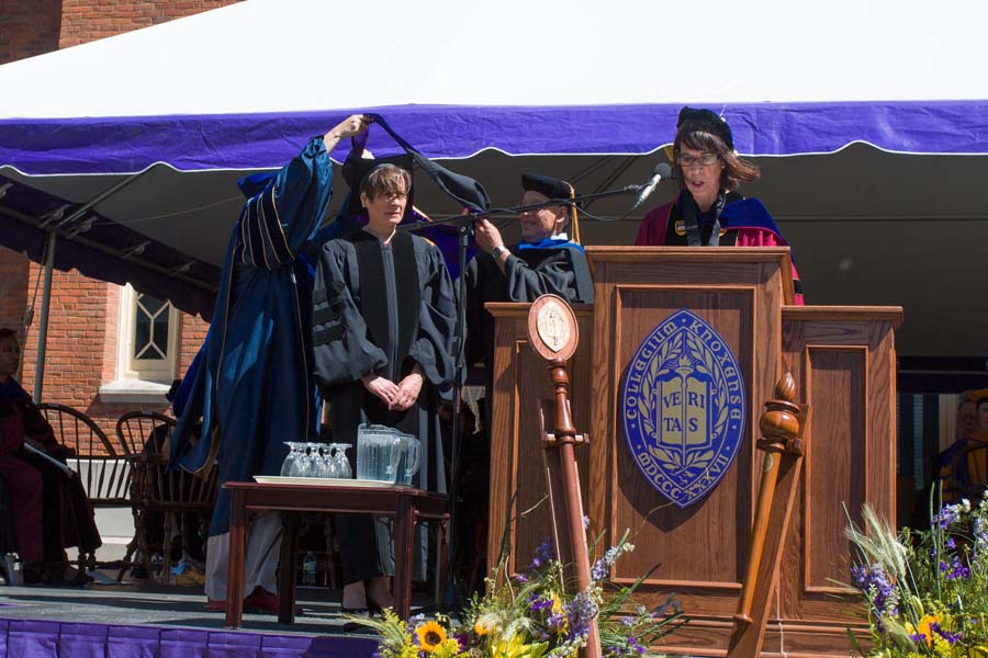 Mary Margaret McCarthy, Executive Director, National Immigrant Justice Center, is awarded an honorary degree by Teresa Amott, president of Knox College.