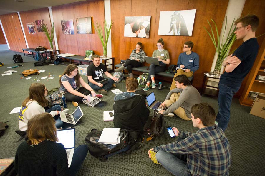 Knox College students meeting to design an exhibit on historic events of 1968