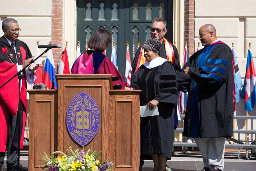Knox College confers an honorary Doctor of Humane Letters degree to civil rights icon Elizabeth Eckford, a member of the Little Rock Nine.