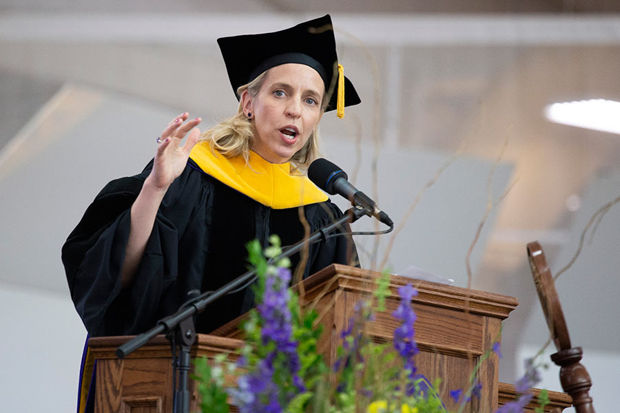 Shedd Aquarium President and CEO Bridget Coughlin gives the Commencement address at the 174th Commencement Ceremony.