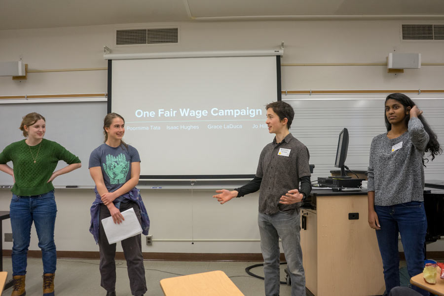 Students give panel presentation on the One Fair Wage Campaign. 