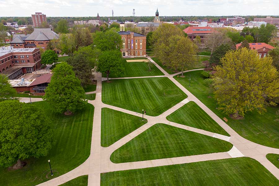 Old Main and the South Lawn viewed from above in May 2020, while campus was largely empty due to the COVID-19 pandemic.