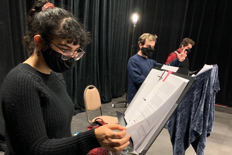 Students rehearse the Knox Theatre production of Dracula the radio play