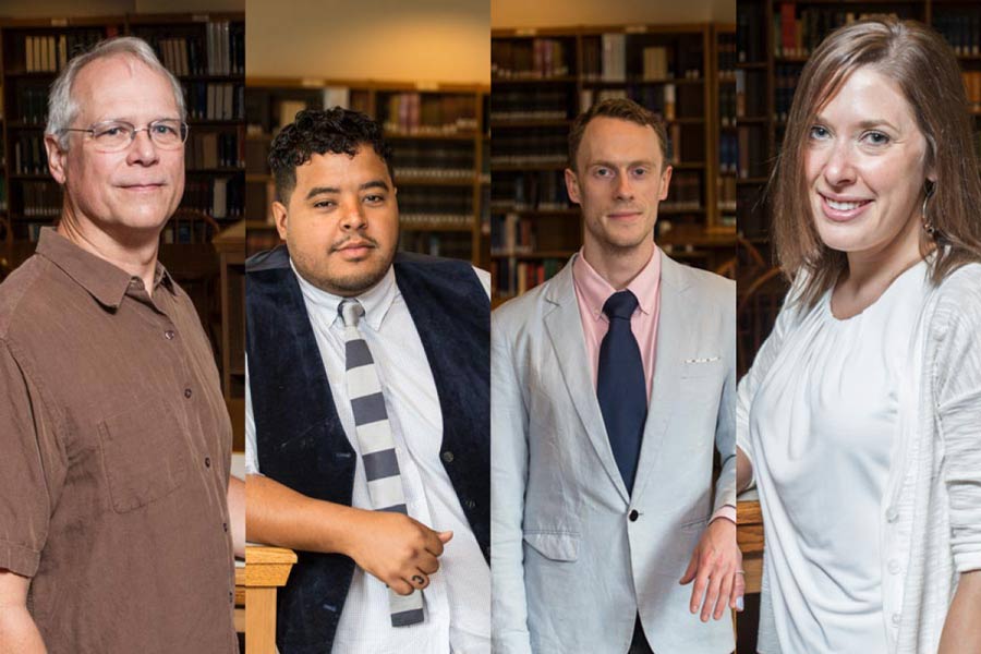 Newly tenured faculty Scott DeWitt, Nathaniel Williams, Ben Farrer, and Sara O'Brien