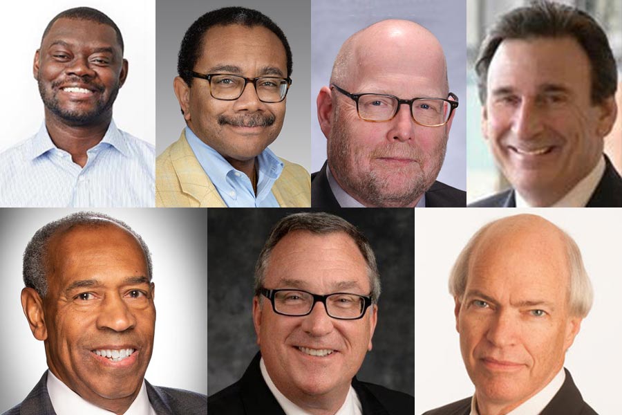 Composite photo with top row of Dr. Akwasi Asabere, Dr. George Cole, Mark Draper, and Martin E. Glickman, and bottom row of James Mason, Dr. Anthony “Tony” Tedeschi, and Frederick “Rick” Veague. 