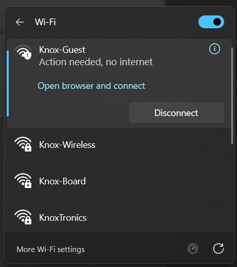 Screenshot showing Knox-Guest wifi option being selected.