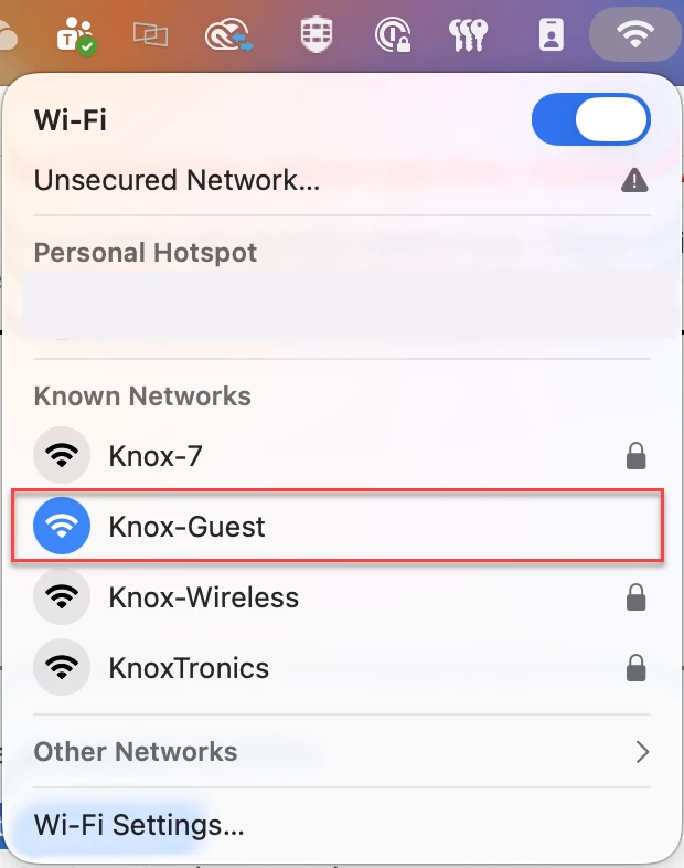 Screenshot showing Knox-Guest wifi option being selected.