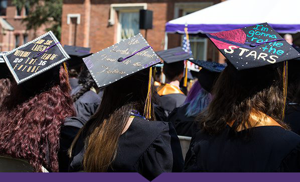 Decorated mortar boards during Commencement 2016