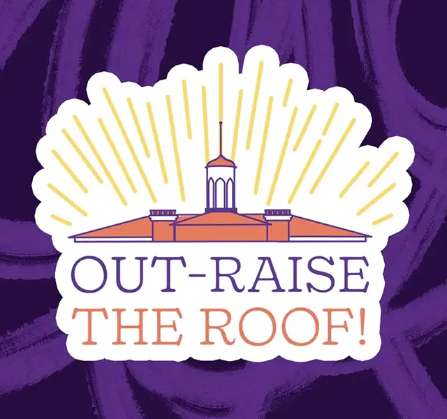 Drawing of the roof of Old Main with sun rays at the top. Underneath, text says Out-Raise the Roof—all this is on a purple scribble background.