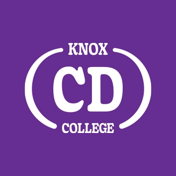 While logo on a purple background. The logo features an oval around the letters "CD," and the top of the logo says Knox, the bottom College.