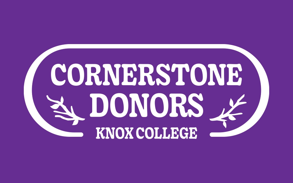 A purple header with the words "Cornerstone Donors" in the center of an oval. The words "Knox College" made up the bottom portion of the oval. Two laurel boughs appear on either side of the word "Donors."
