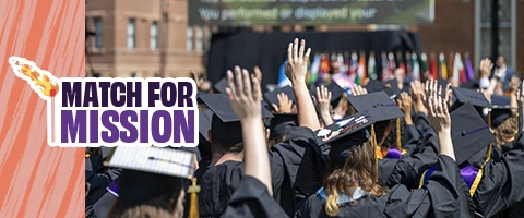 Graduates celebrating and clapping at the 2025 Knox College Commencement. The words Match for Mission are at the top of the image.