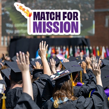 Graduates celebrating and clapping at the 2025 Knox College Commencement. The words "Match for Mission" are at the top of the image. 