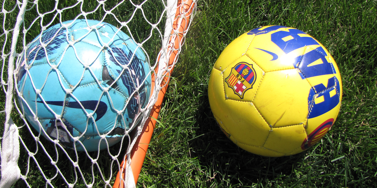 Soccer balls sit outside the goal during the annual Harambee Soccer Tournament.