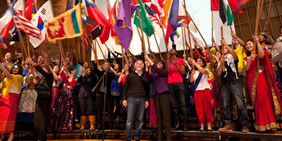 Students display their countries flags at the annual International Fair in Ford Center for the Fine Arts.