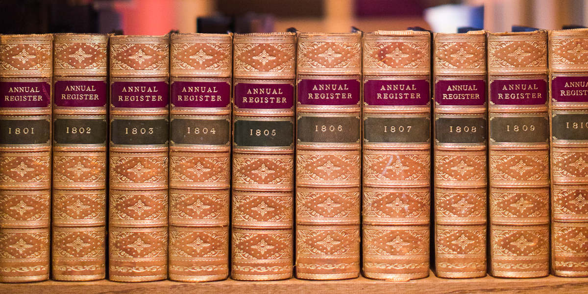 Annual Register's on a shelf in Seymour Library.