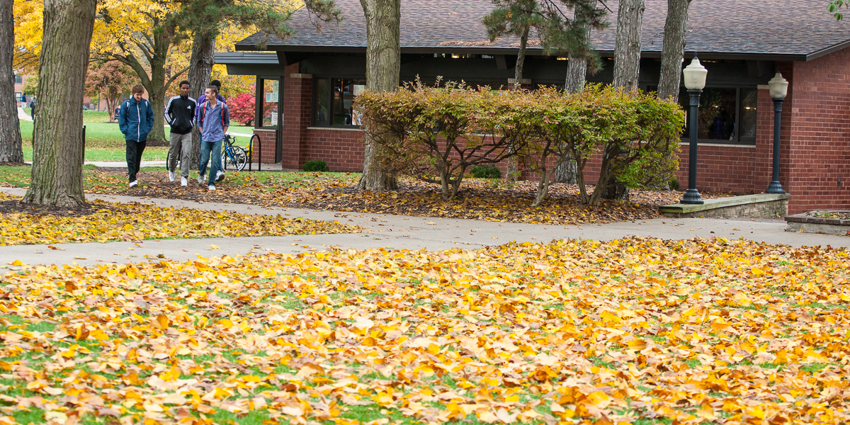 Students walk by the Gizmo in the fall.