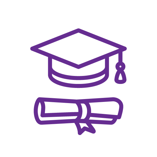 A purple outline of a graduation cap and diploma