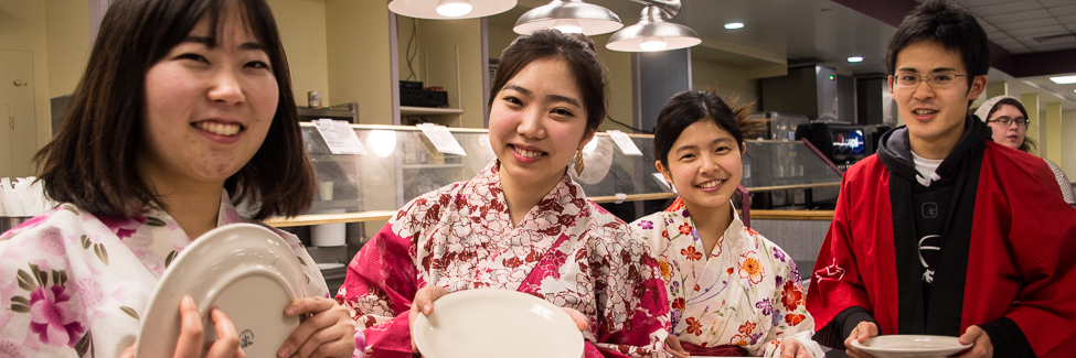 Students come to the cafeteria in traditional Japanese clothing.