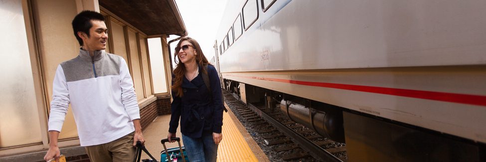 Students at the Amtrak station in Galesburg.