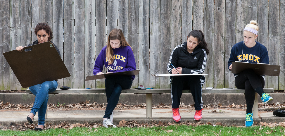 Students draw nature in the art bowl near the Ford Center for the Fine Arts. 