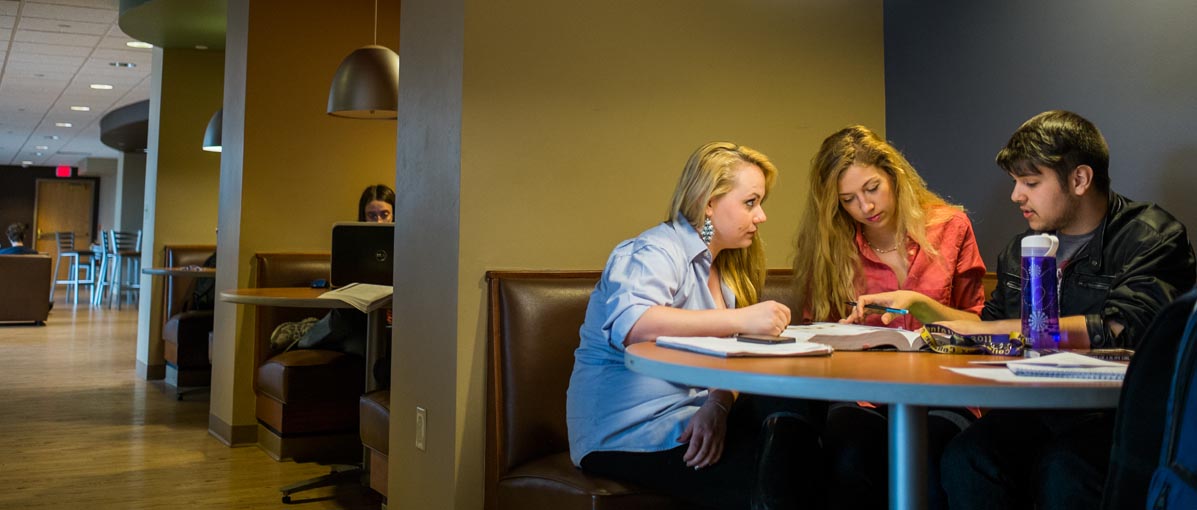 Students gather for a study session in a booth in Taylor Lounge, in the lower level of Seymour Union.
