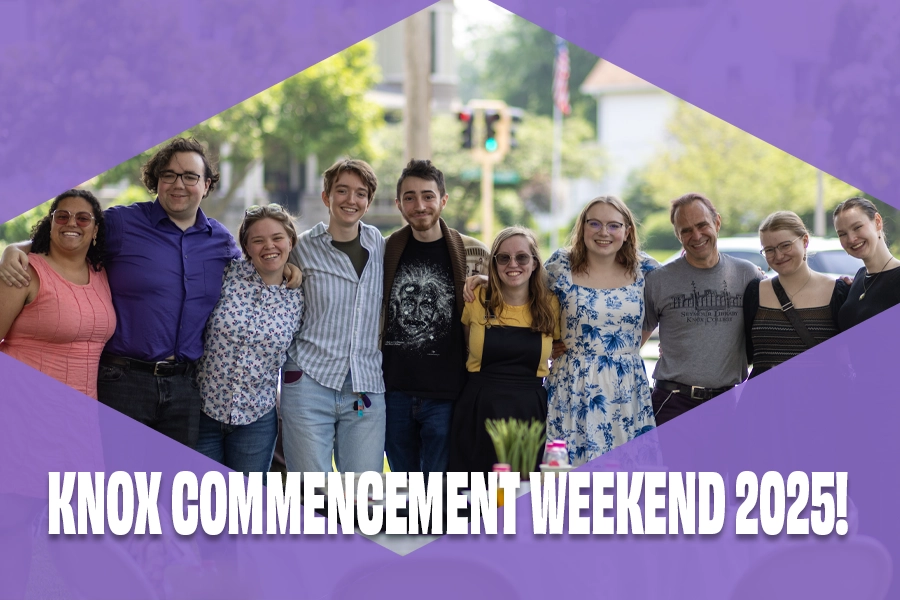 A group of students gather arm-in-arm, smiling at the camera. White text reads: Knox Commencement Weekend 2025!
