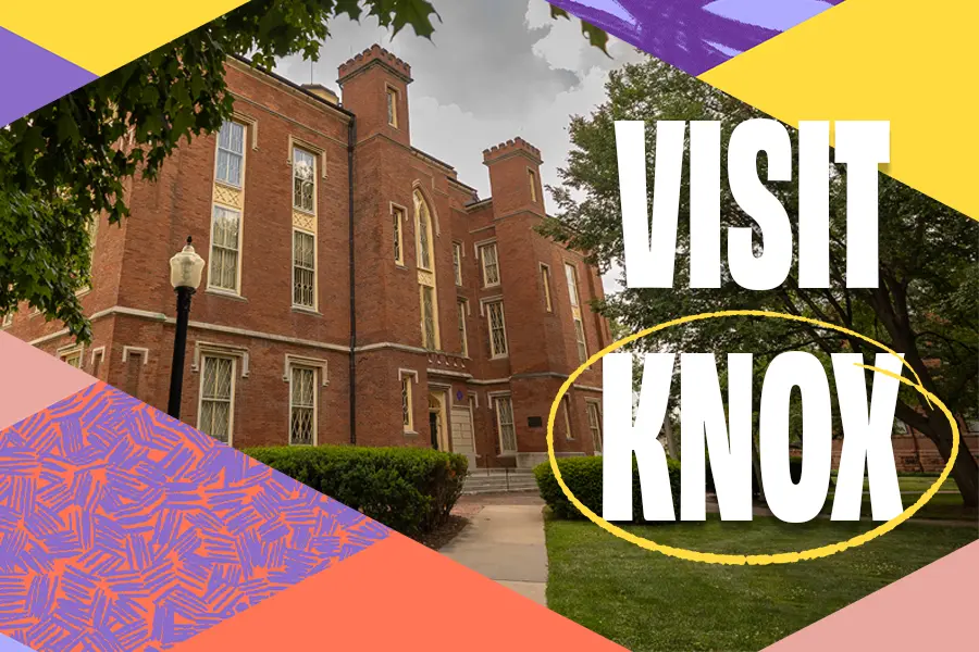 Old Main is pictured at an angle. Colorful graphics surround the building, and text says Visit Knox.