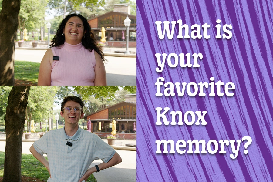 Images of two students smiling with the Gizmo in the background; white text on purple background says: What is your favorite Knox memory?
