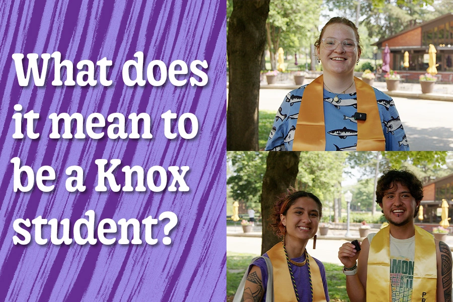 Purple text on white background says: What does it mean to be a Knox student? Images of three students wearing graduation stoles, smiling at the camera.