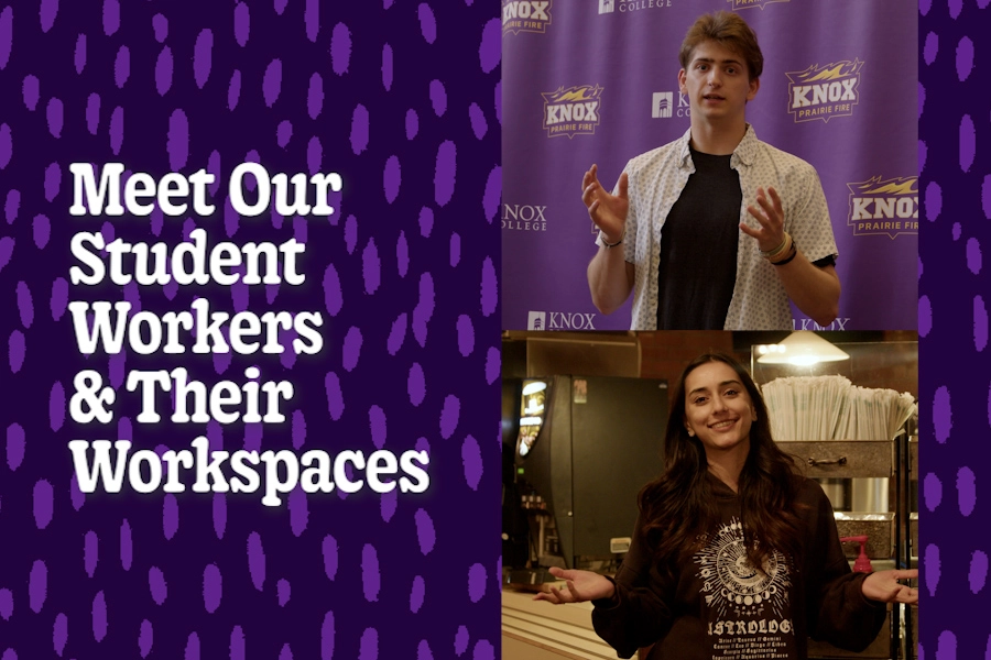 2 student workers on the screen. The text reads: Meet our Student Workers & Their Workspaces.
